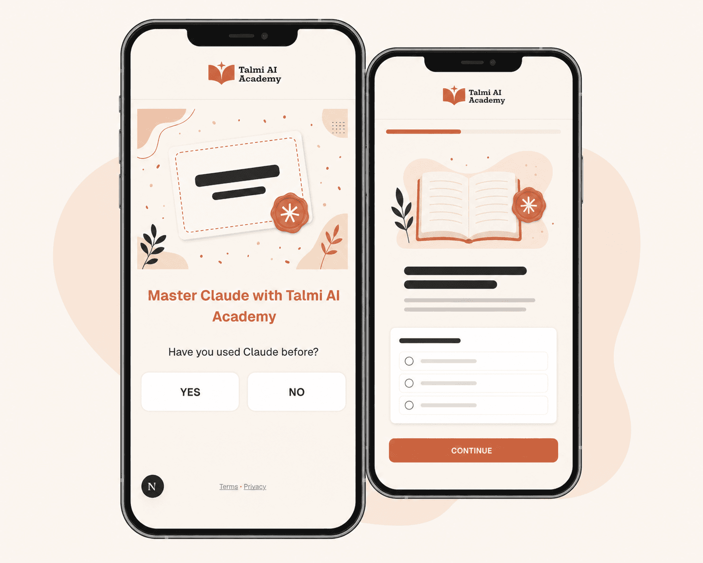 Two phones showing an original personalized learning path and a practical AI lesson